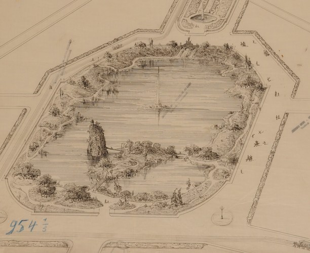Maria-Louizasquare, detail van het plan van de heraanleg van het noordoostelijke gedeelte van de Leopoldswijk, totaaloverzicht van de squares en de tuinen, ontworpen door Gédéon Bordiau op 09.12.1875, SAB/PP 954.