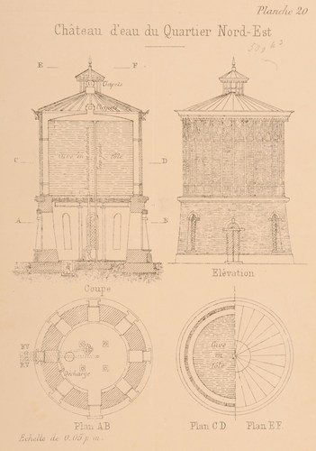 Rue Murillo, coupe, élévation et plans de l'ancien château d'eau du quartier Nord-Est, AVB/TP 15757 (1899). 