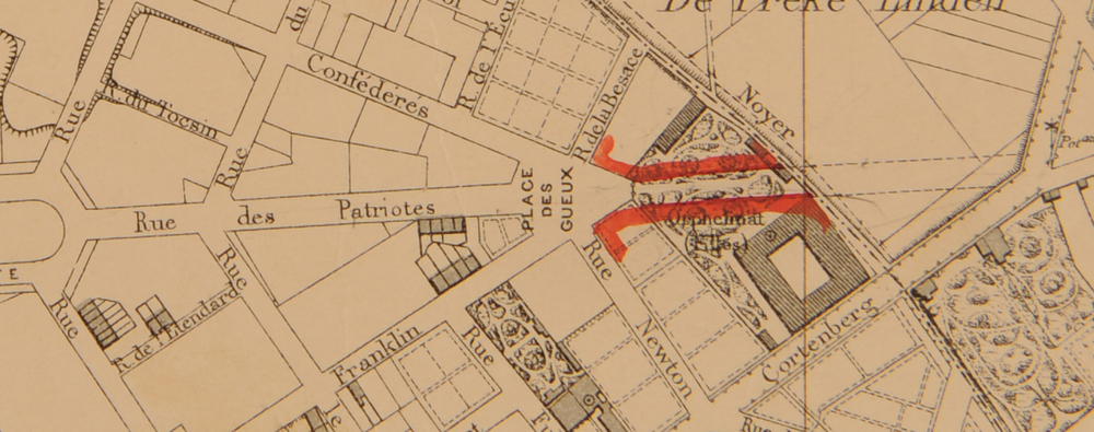 Ontwerp voor de verlenging van de Patriottenstraat doorheen het terrein van het meisjesweeshuis, SAB/OW 16767 (1899).