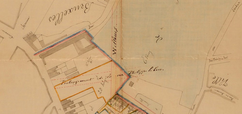 Projet de prolongement de la rue Philippe le Bon, entre les chaussées d’Etterbeek et de Louvain, à travers le grand étang de Saint-Josse, détail d’un plan dressé en 1864, AVB/TP 26337.