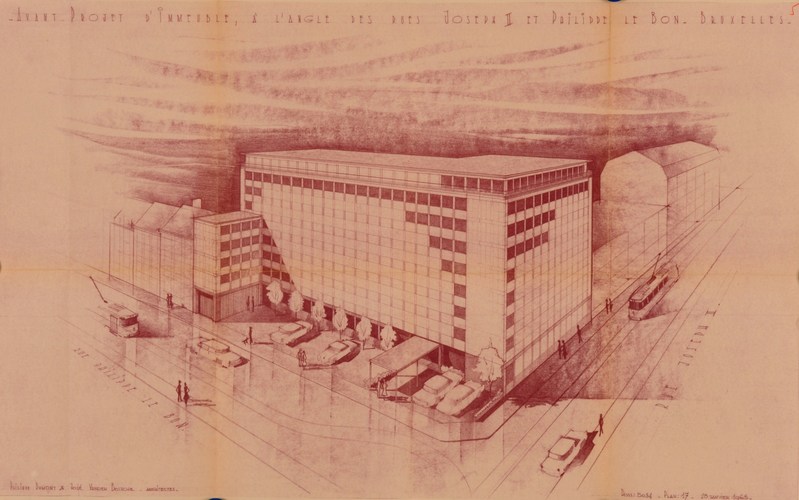 À l’angle des rues Philippe le Bon et Joseph II, immeuble de bureaux conçu par les architectes Philippe Dumont et José Vanden Bossche (démoli), perspective, AVB/TP 81864 (1963).