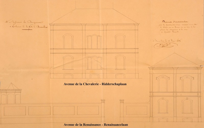 Renaissancelaan, in 1856 ontworpen villa op de hoek met de Ridderschapslaan, thans gesloopt, opstanden, SAB/OW 8943 (1856).