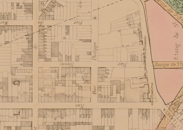 De nog tot twee straatgedeelten beperkte Stevinstraat, detail van het [i]Plan d'extension du quartier Léopold vers et au-delà des étangs dits de Saint-Josse-ten-Noode[/i], in 1870 opgesteld door baron De Jamblinne de Meux, SAB/PP 948.