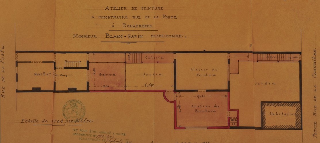 Rue de la Poste 87, domicile du peintre Ernest Blanc-Garin, plan de la parcelle avec agrandissements, ACS/Urb. 217-87 (1883).