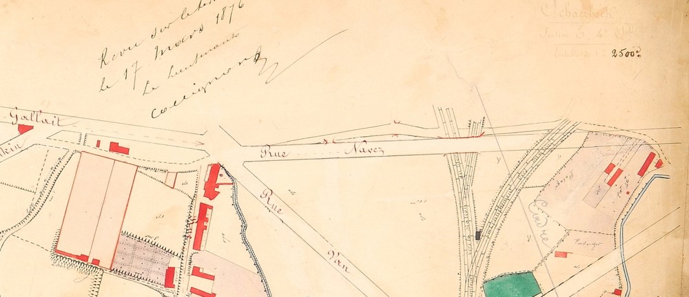 Détail du [i]Plan de la commune de Schaerbeek 1876[/i], dressé par l'Institut géographique national, figurant le tracé de la rue de François-Joseph Navez superposé à celui de l'ancienne rue Verte, ACS/TP Infrastructure.