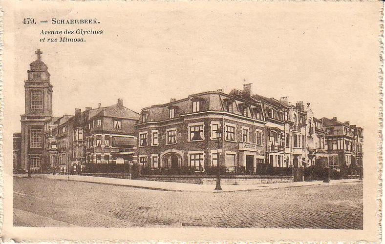 Kruispunt gevormd door de Blauweregenlaan met de Mimosasstraat (Huis der Kunsten van Schaarbeek/lokaal fonds).