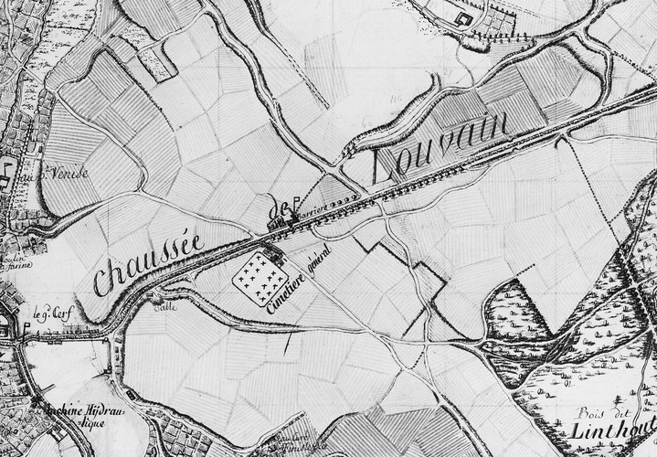 De Leuvensesteenweg, detail uit [i]Carte de Bruxelles et ses environs[/i], door G. de Wauthier omstreeks 1821 (© Koninklijke Bibliotheek van België, Brussel, Sectie Kaarten en Plannen).