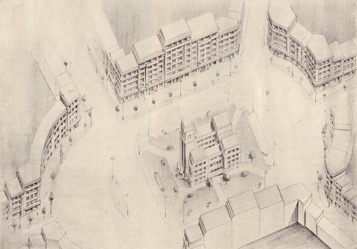 Koning Overwinnaarplein, 'Concours d'urbanisation à Etterbeek - Projet de M. Posno, architecte, classé premier' ([i]L'Émulation[/i], 7, 1936, p. 118).