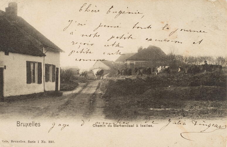 Berkendael Los, ancien chemin de terre bordé de deux ou trois fermes, s.d. (Collection de Dexia Banque).