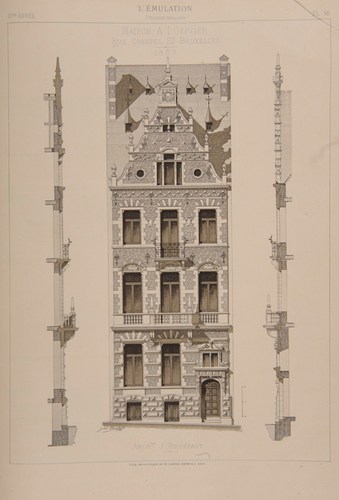 Kapitein Crespelstraat, voormalige nr. 27, afgebroken huis [i]A l’Olivier[/i] n.o.v. arch. Jules Brunfaut, 1883 ([i]L’émulation[/i], 11, 1885, pl. 38).