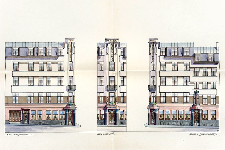 Rue Keyenveld 1-3 et rue de Stassart 66-68, élévation de l’hôtel des Chevaliers, arch. François Van Stichel, ACI/Urb. 95-68 (1931).