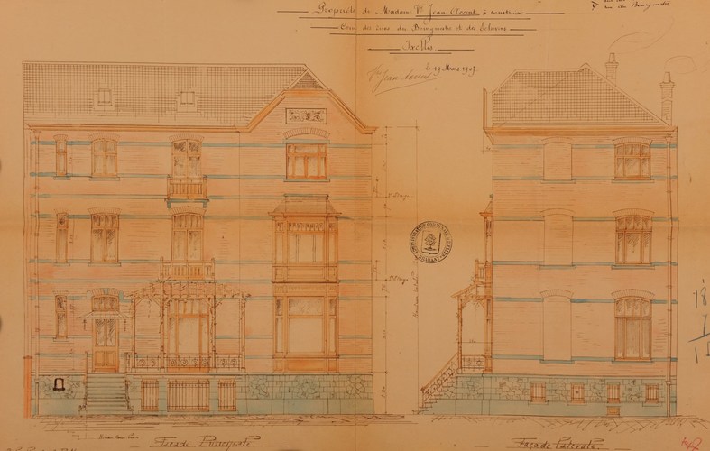 Op hoek met Burgemeesterstraat, huis n.o.v. architect Félix De Ridder (gesloopt), opstand, GAE/DS 104-82 (1907).