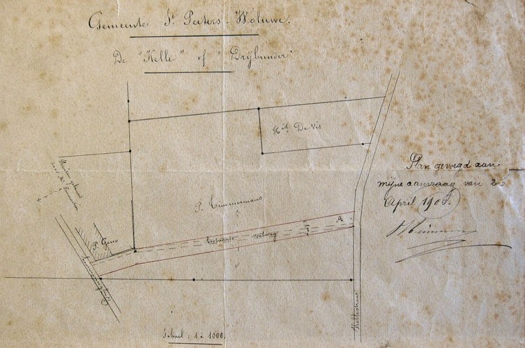 Plan ter illustratie van de aanvraag tot de verbreedingswerken van wandelpad nr. 35 i.o.v. P. Timmermans in 1906, GASPW/DS rooilijnen 24 Pierre Delacroix.