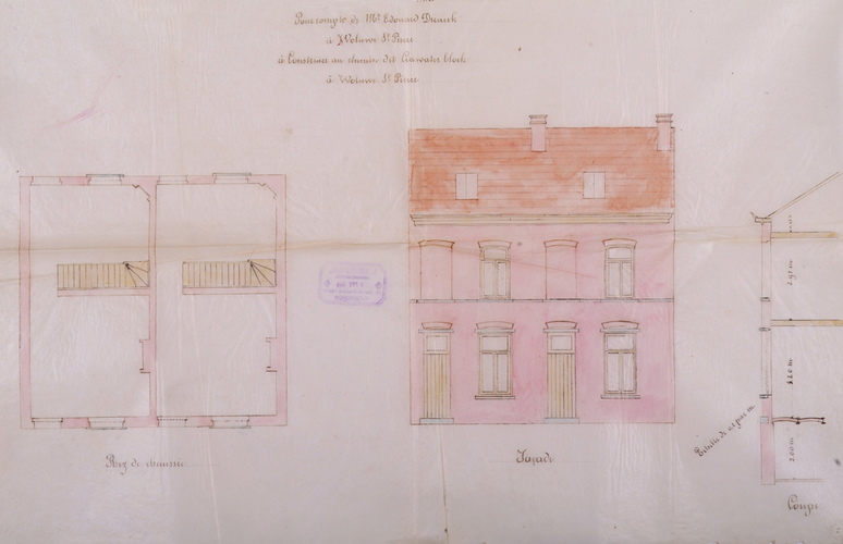 Rue Jean Deraeck 23 et 25 . Deux petites maisons ouvrières caractéristiques. Plan du r.d.ch., élévation, section, ACWSP/Urb. 1 (1898).