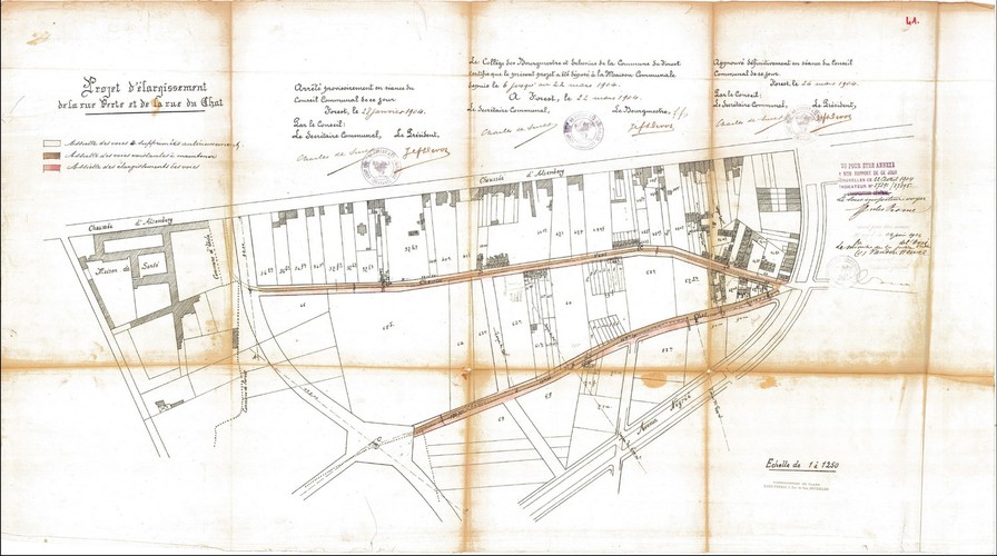 [i]Plan d’élargissement de la rue Verte et de la rue du Chat[/i], fixé par arrêté royal le 24.06.1904, GAV/OW dossier 41.